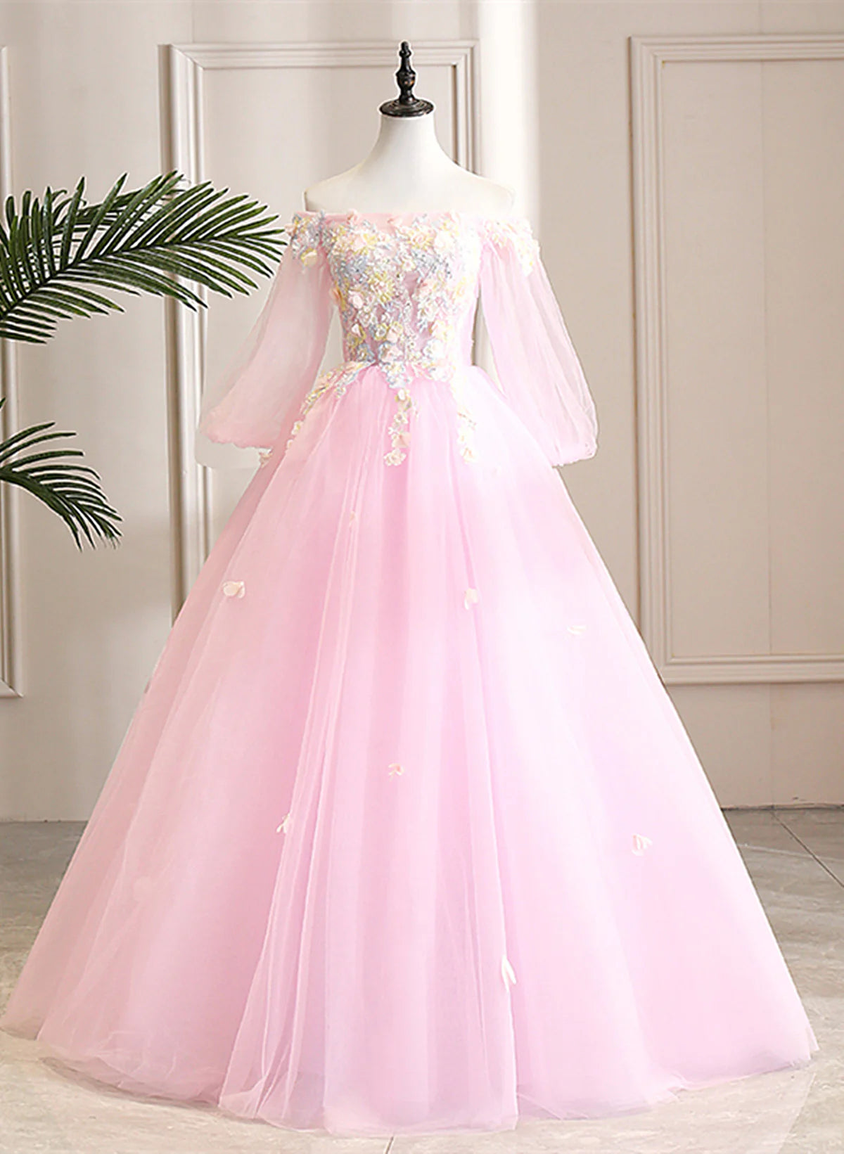Pink Off Shoulder Tulle Ball Gown Formal Dress, Pink Flowers Party Dress Sweet 16 Dress TP1143
