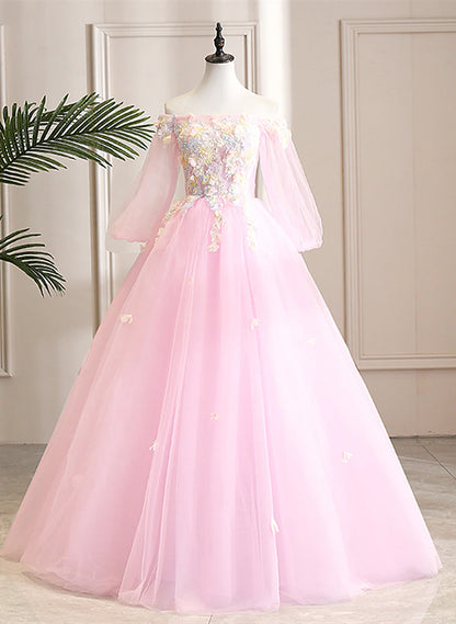 Pink Off Shoulder Tulle Ball Gown Formal Dress, Pink Flowers Party Dress Sweet 16 Dress TP1143