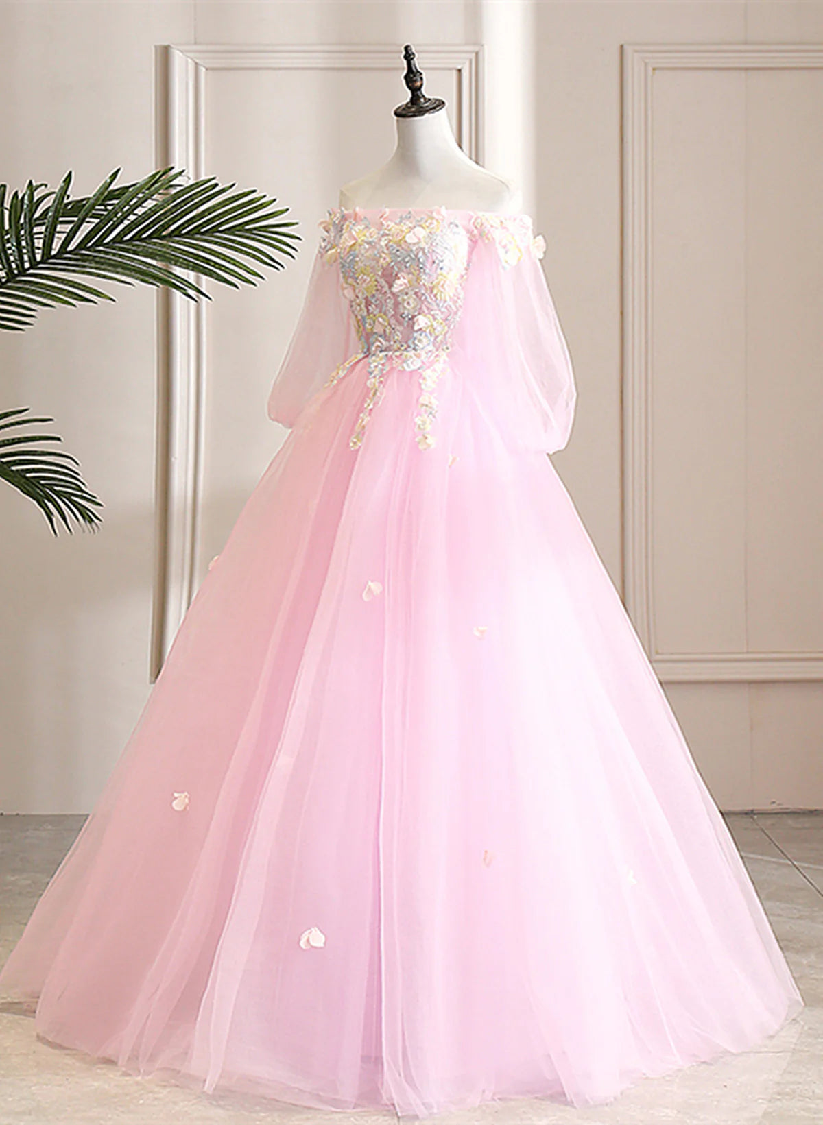 Pink Off Shoulder Tulle Ball Gown Formal Dress, Pink Flowers Party Dress Sweet 16 Dress TP1143