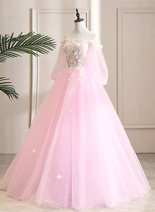 Pink Off Shoulder Tulle Ball Gown Formal Dress, Pink Flowers Party Dress Sweet 16 Dress TP1143