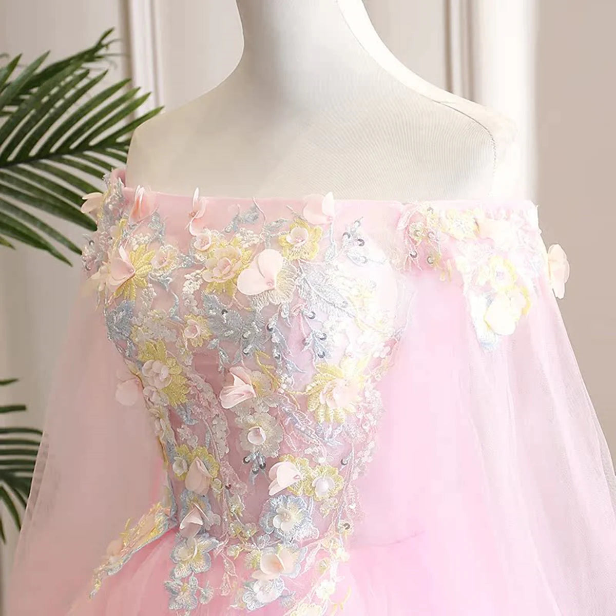 Pink Off Shoulder Tulle Ball Gown Formal Dress, Pink Flowers Party Dress Sweet 16 Dress TP1143