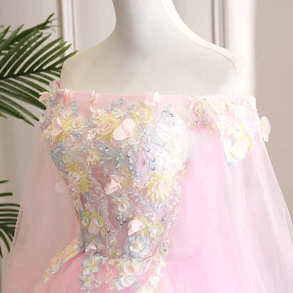 Pink Off Shoulder Tulle Ball Gown Formal Dress, Pink Flowers Party Dress Sweet 16 Dress TP1143