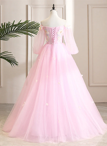 Pink Off Shoulder Tulle Ball Gown Formal Dress, Pink Flowers Party Dress Sweet 16 Dress TP1143