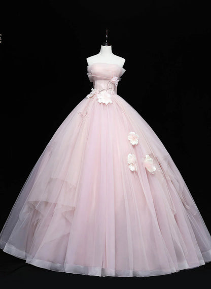Pink Ball Gown Scoop Long Tulle Sweet 16 Dress, Pink Tulle Formal Dress Prom Dress TP1144