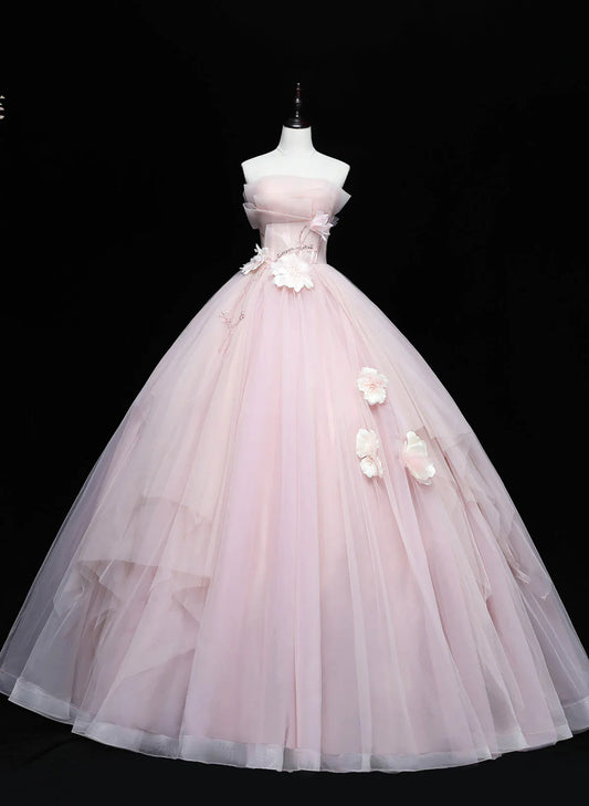 Pink Ball Gown Scoop Long Tulle Sweet 16 Dress, Pink Tulle Formal Dress Prom Dress TP1144
