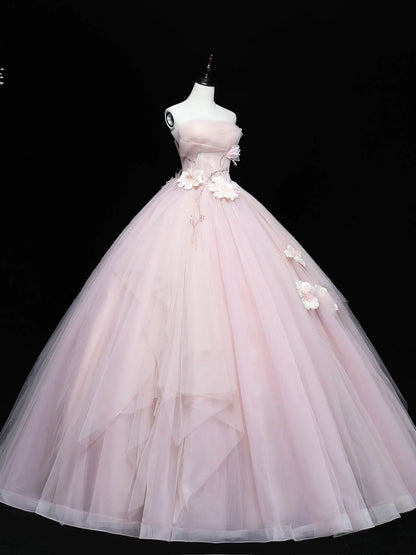 Pink Ball Gown Scoop Long Tulle Sweet 16 Dress, Pink Tulle Formal Dress Prom Dress TP1144