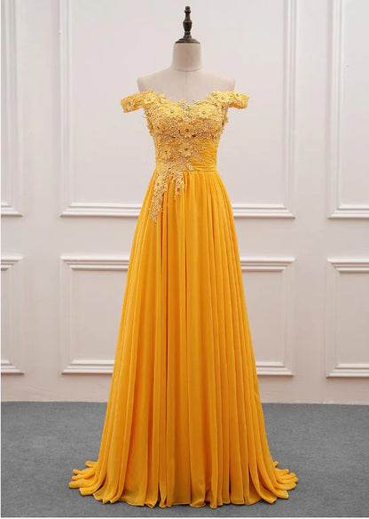 Lovely Yellow Chffion Off Shoulder Tulle with Lace Party Dress, A-line Yellow Prom Dress TP1147