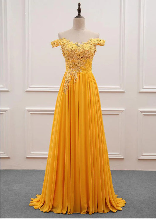 Lovely Yellow Chffion Off Shoulder Tulle with Lace Party Dress, A-line Yellow Prom Dress TP1147