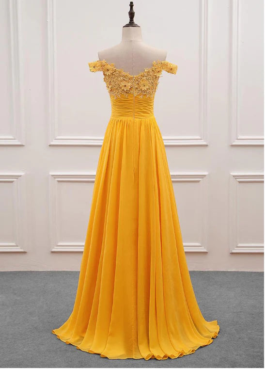 Lovely Yellow Chffion Off Shoulder Tulle with Lace Party Dress, A-line Yellow Prom Dress TP1147