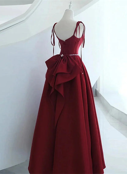 Wine Red Satin Straps Long Evening Dress, Wine Red Long Prom Dress TP1149