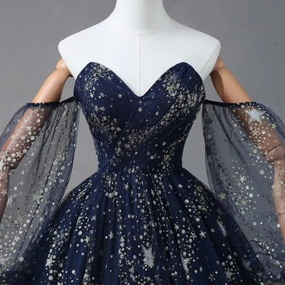 Navy Blue Tulle A-line Long Party Dress Evening Dress, Navy Blue Long Prom Dress TP1150