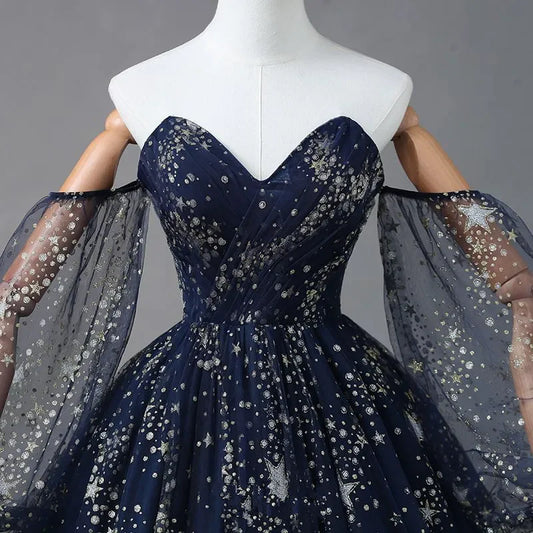 Navy Blue Tulle A-line Long Party Dress Evening Dress, Navy Blue Long Prom Dress TP1150