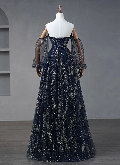 Navy Blue Tulle A-line Long Party Dress Evening Dress, Navy Blue Long Prom Dress TP1150