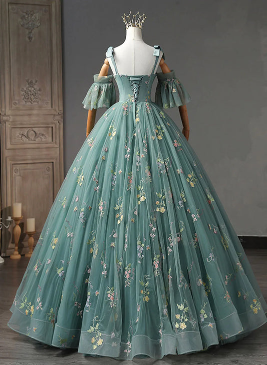 Green Floral Straps Sweetheart Long Party Dress, Green Sweet 16 Dress TP1152