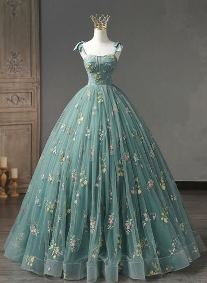 Green Floral Straps Sweetheart Long Party Dress, Green Sweet 16 Dress TP1152