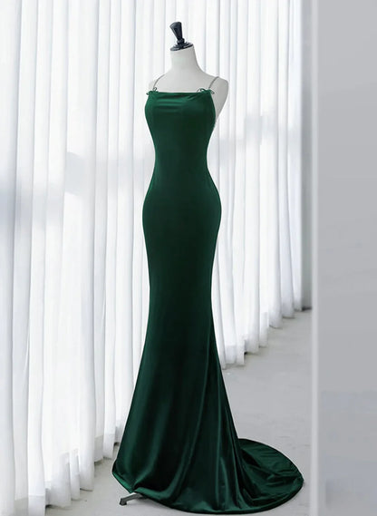 Green Mermaid Velvet Long Party Dress, Green Straps Velvet Evening Dress TP1154