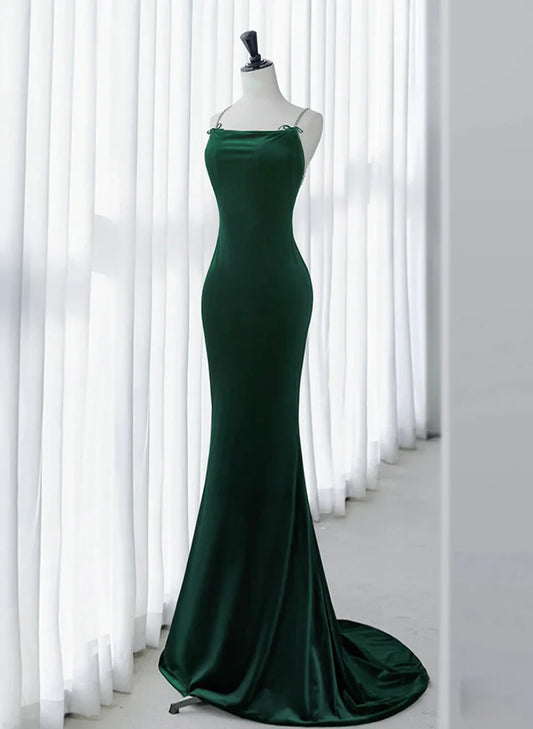 Green Mermaid Velvet Long Party Dress, Green Straps Velvet Evening Dress TP1154