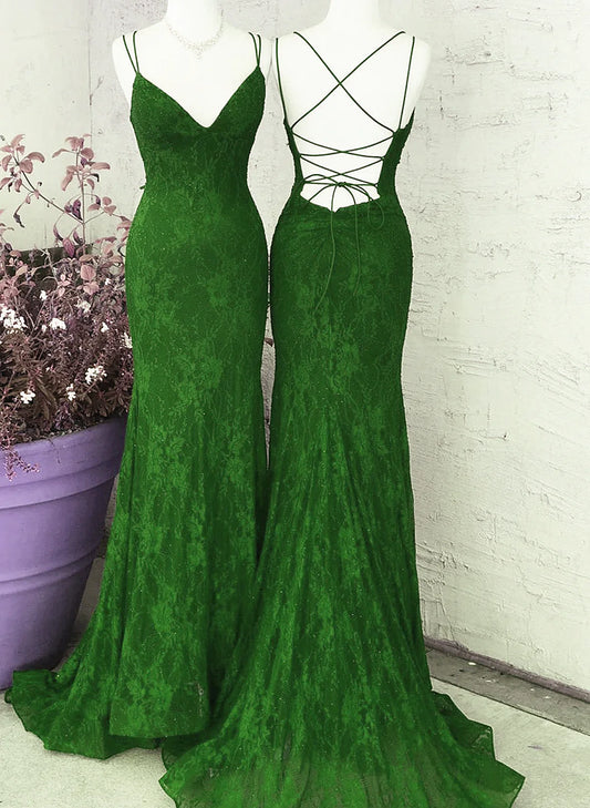 Green V-neckline Lace Cross Back Mermaid Party Dress, Green Long Evening Dress Prom Dress TP1155