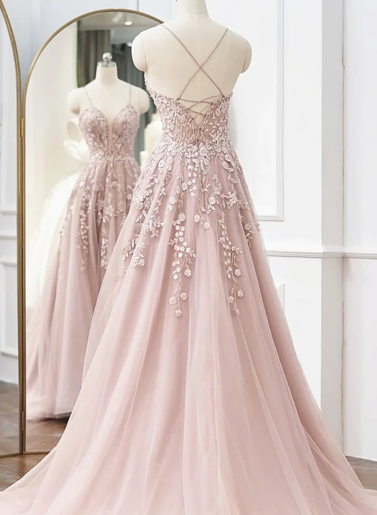 Pink Tulle A-line Long Prom Dress, Pink Tulle with Lace Party Dress Prom Dress TP1156