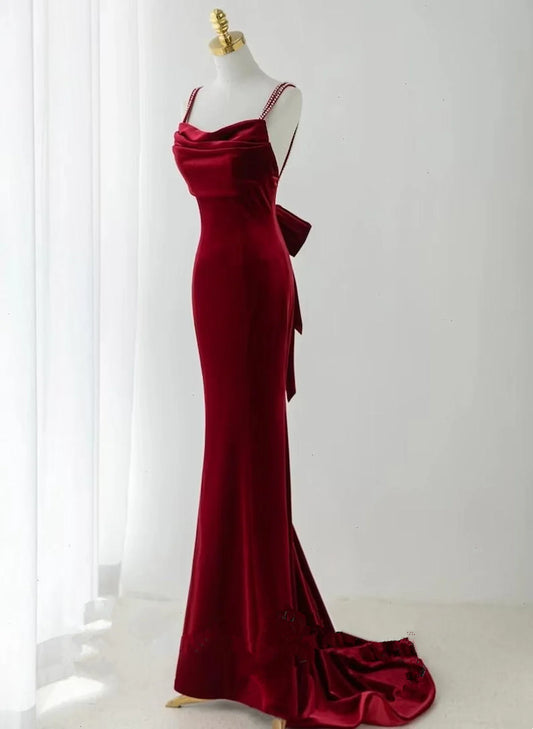 Mermaid Scoop Velvet Long Party Dress, Wine Red Velvet Long Prom Dress Evening Dress TP1157
