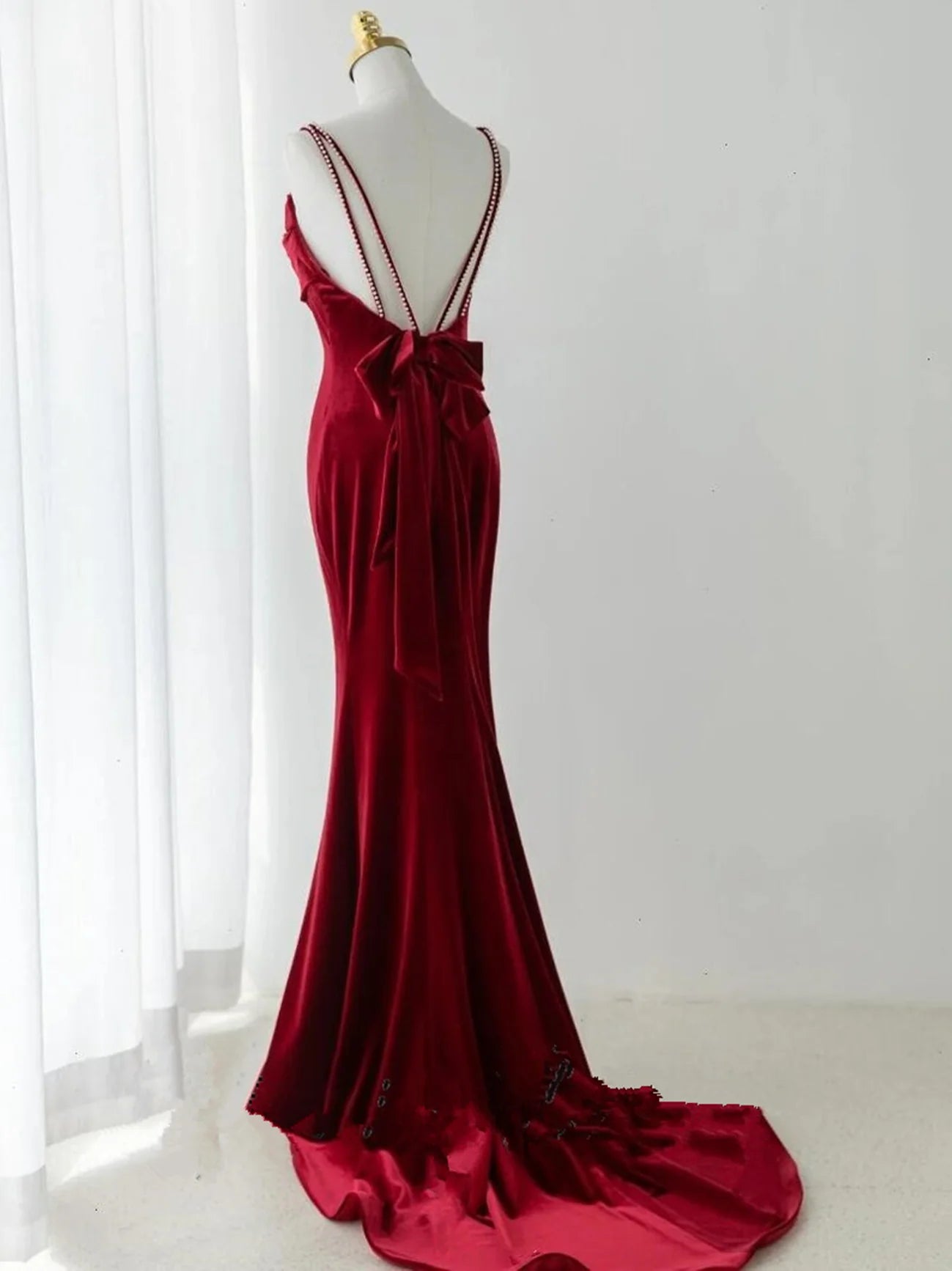 Mermaid Scoop Velvet Long Party Dress, Wine Red Velvet Long Prom Dress Evening Dress TP1157