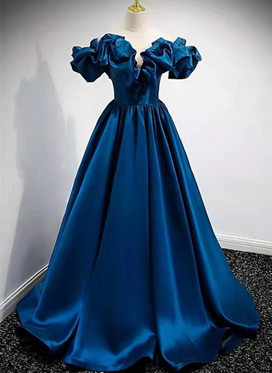 Blue Satin Long Off Shoulder A-line Prom Dress, Blue Sweetheart Evening Dress TP1163