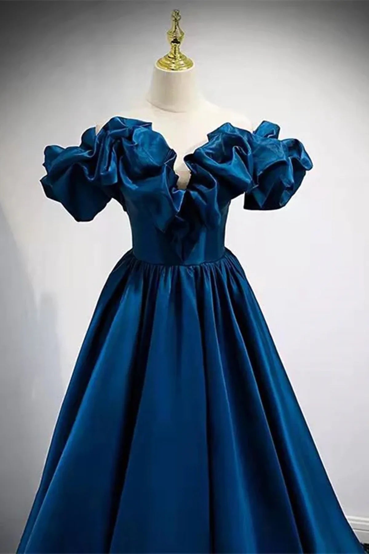 Blue Satin Long Off Shoulder A-line Prom Dress, Blue Sweetheart Evening Dress TP1163