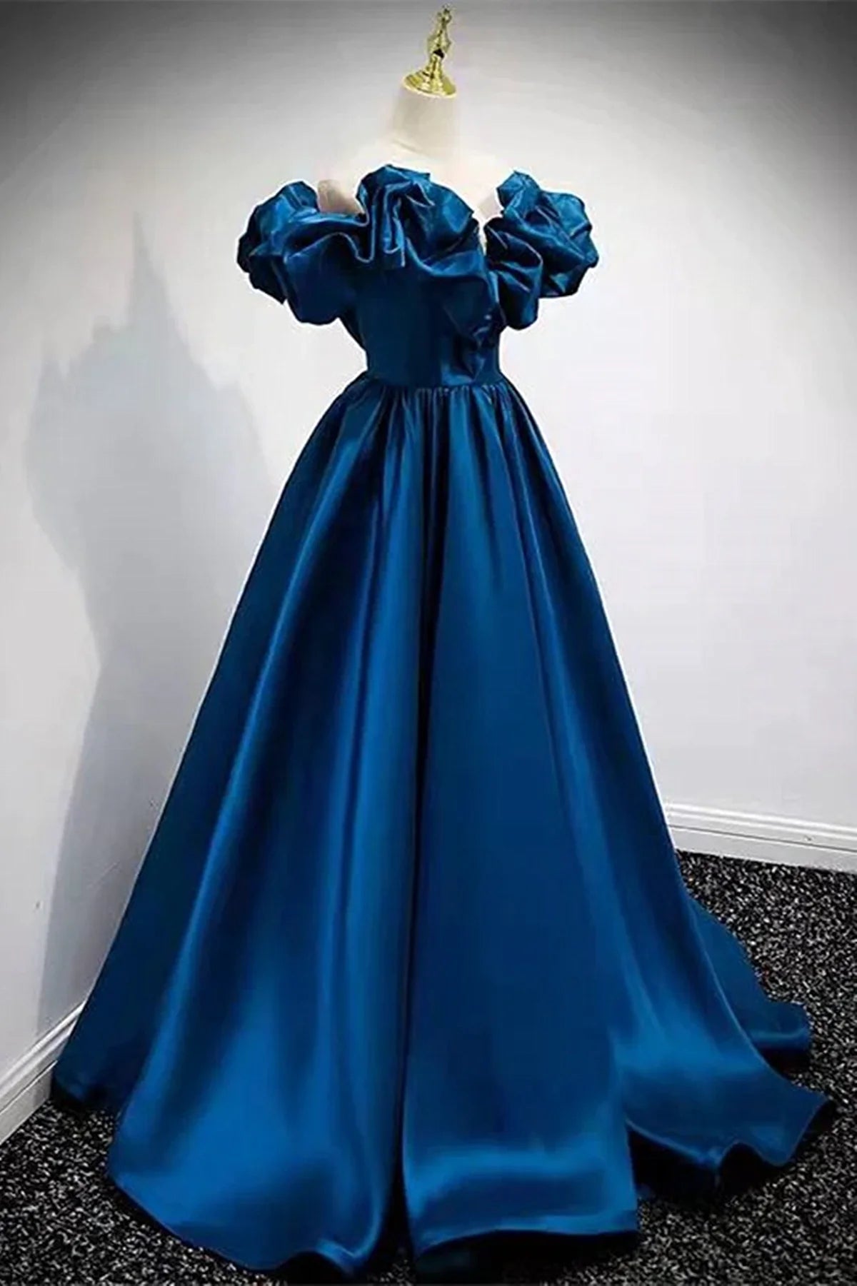Blue Satin Long Off Shoulder A-line Prom Dress, Blue Sweetheart Evening Dress TP1163