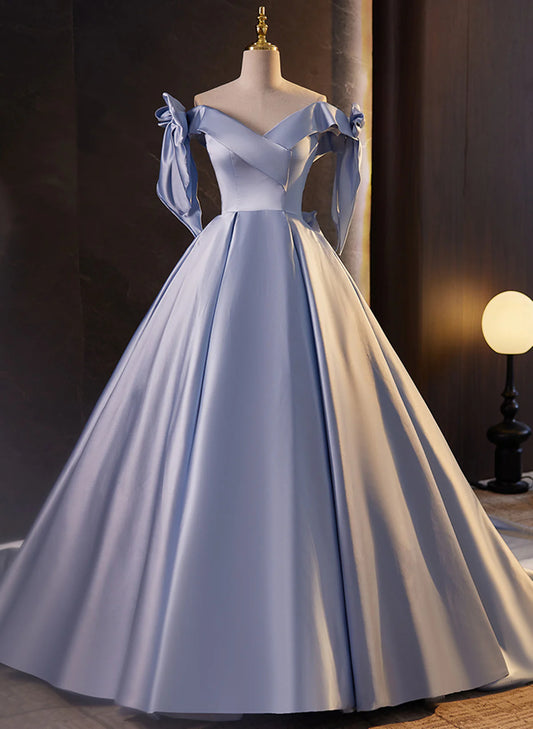 Blue Satin Off Shoulder Long Evening Dress Formal Dress, Blue Satin Prom Dress TP1164