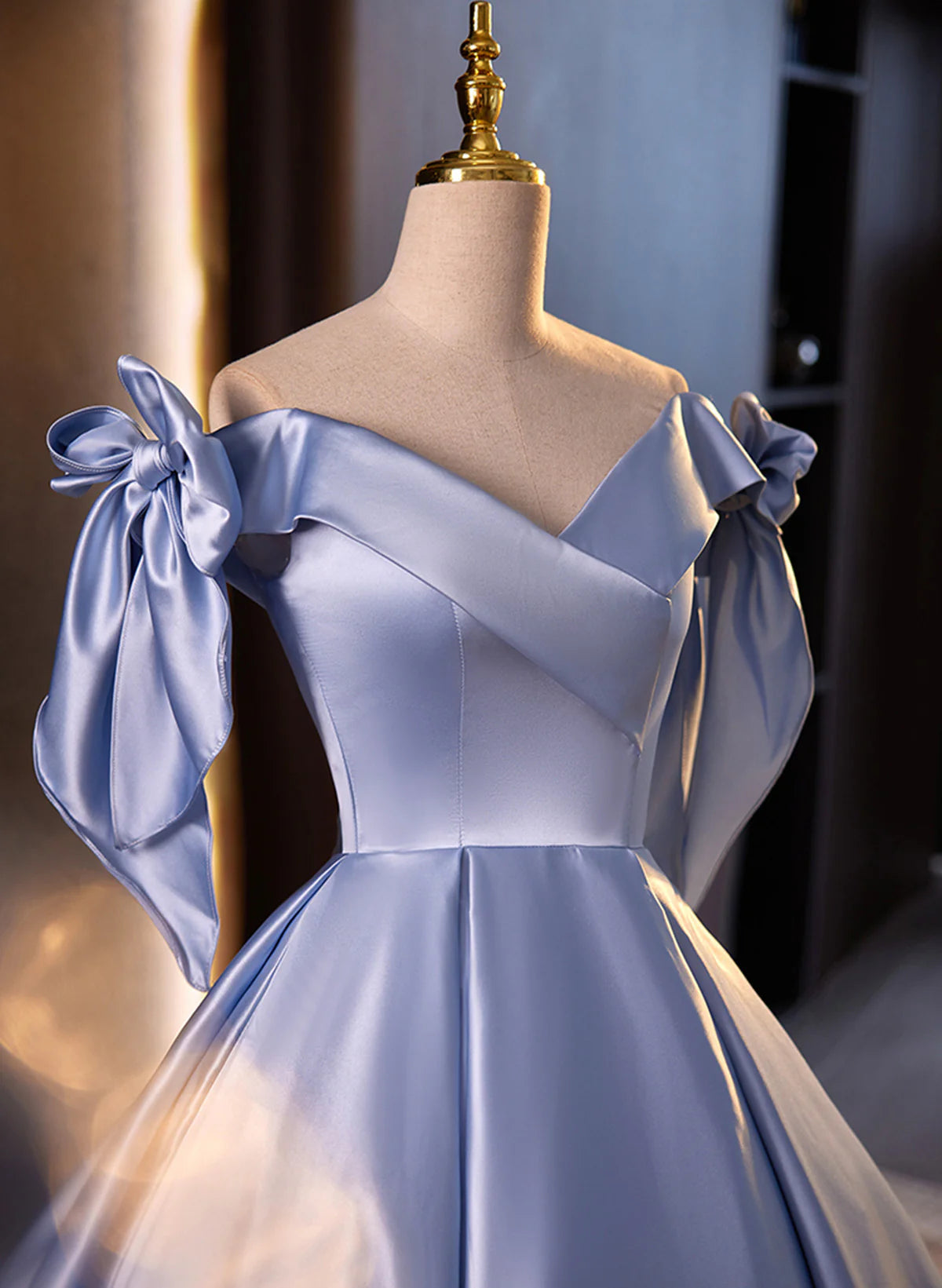 Blue Satin Off Shoulder Long Evening Dress Formal Dress, Blue Satin Prom Dress TP1164