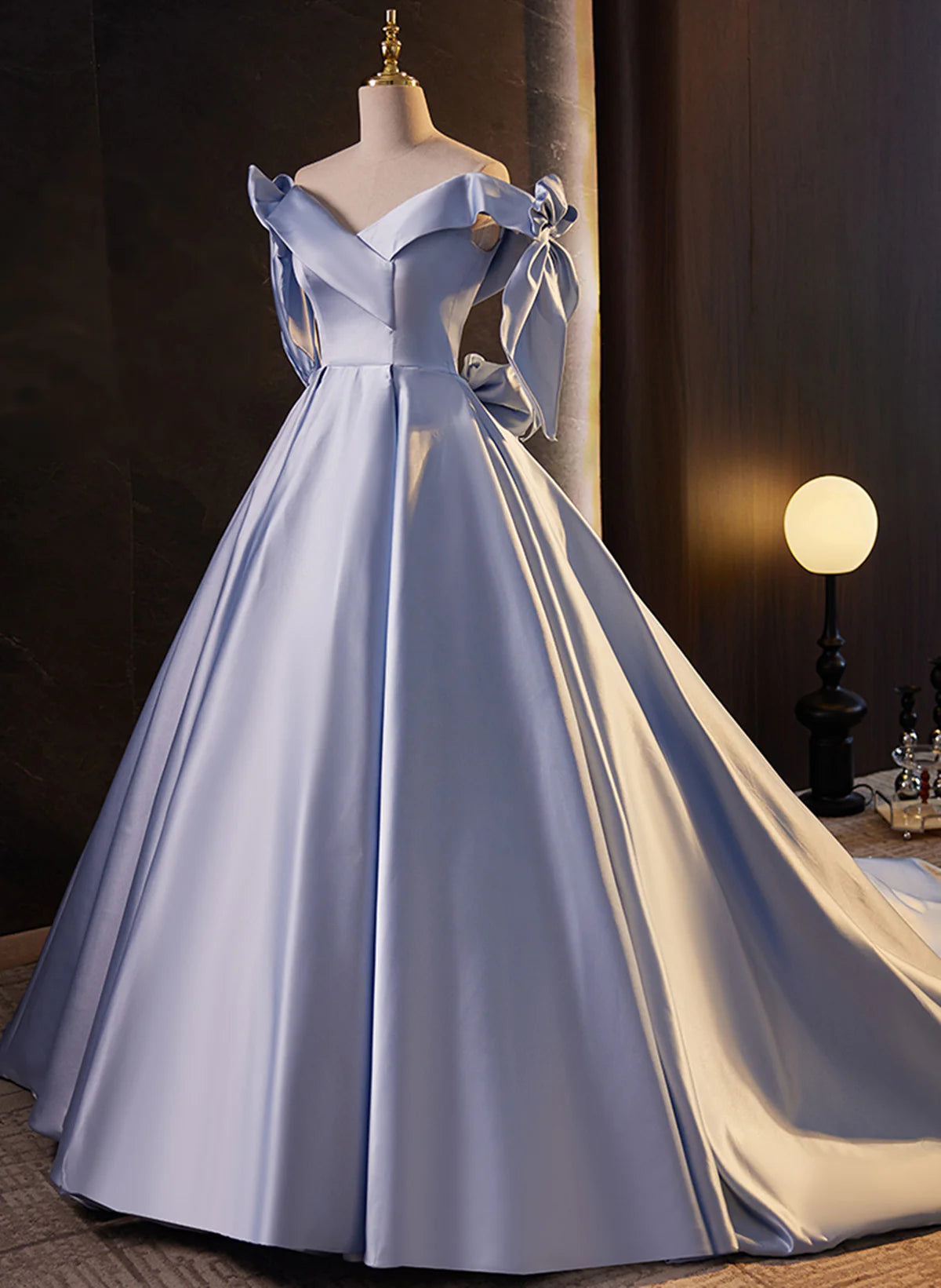 Blue Satin Off Shoulder Long Evening Dress Formal Dress, Blue Satin Prom Dress TP1164