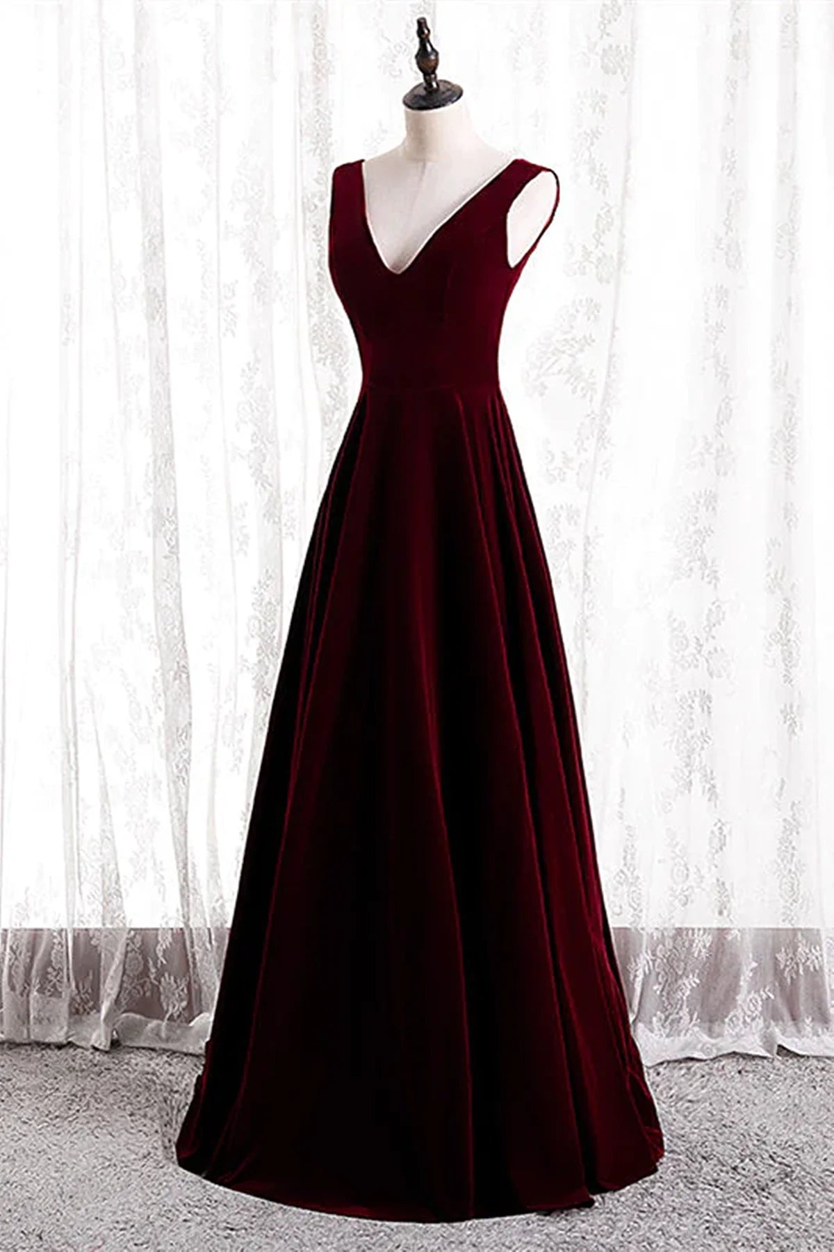 Burgundy Velvet V-neckline Simple Long Party Dress, Burgundy Bridesmaid Dress TP1165