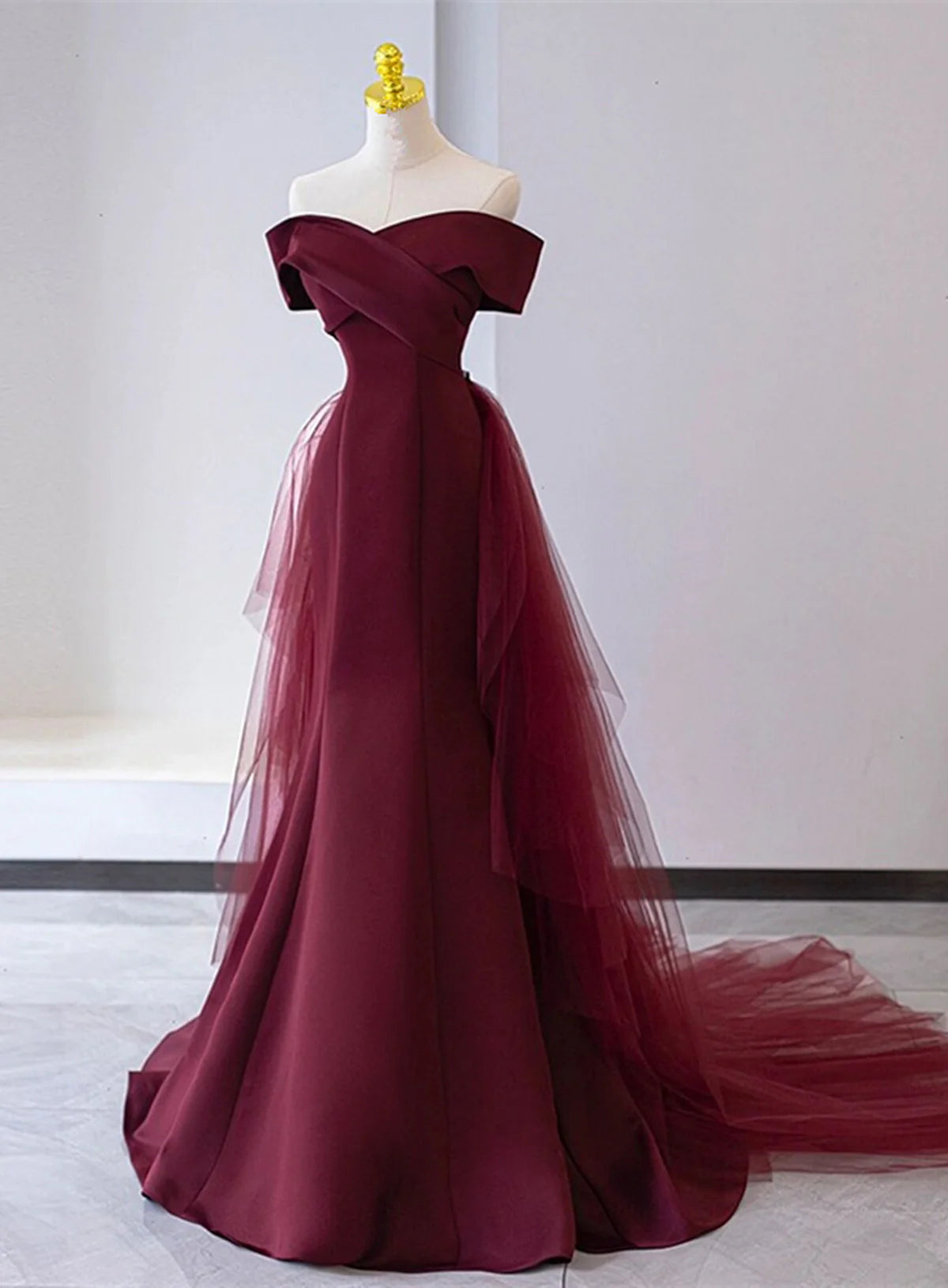 Wine Red Mermaid Lace-up Satin Long Formal Dress, Wine Red Off Shoulder Evening Dress TP1167