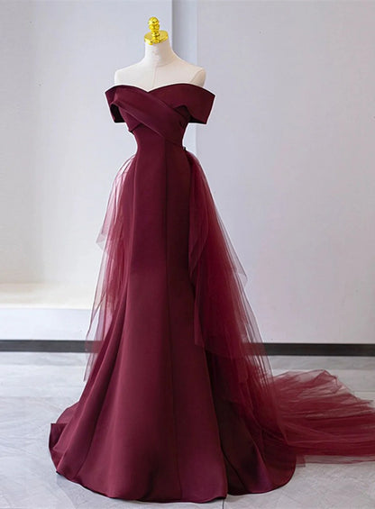 Wine Red Mermaid Lace-up Satin Long Formal Dress, Wine Red Off Shoulder Evening Dress TP1167