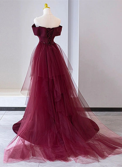 Wine Red Mermaid Lace-up Satin Long Formal Dress, Wine Red Off Shoulder Evening Dress TP1167