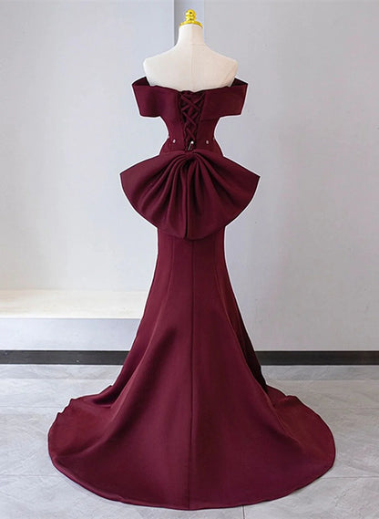 Wine Red Mermaid Lace-up Satin Long Formal Dress, Wine Red Off Shoulder Evening Dress TP1167