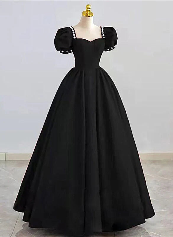 Simple Pretty Black Satin Short Sleeves Beaded Party Dress, Black Long Evening Dress TP1169