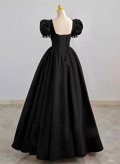 Simple Pretty Black Satin Short Sleeves Beaded Party Dress, Black Long Evening Dress TP1169