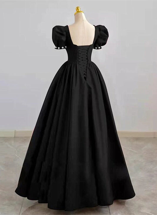 Simple Pretty Black Satin Short Sleeves Beaded Party Dress, Black Long Evening Dress TP1169