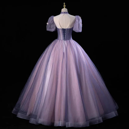 Pink and Purple Tulle Long Party Dress with Beadings, High Neckline Sweet 16 Dress TP1172