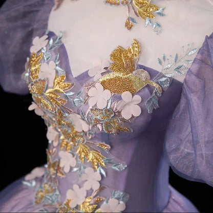 Pink and Purple Tulle Long Party Dress with Beadings, High Neckline Sweet 16 Dress TP1172