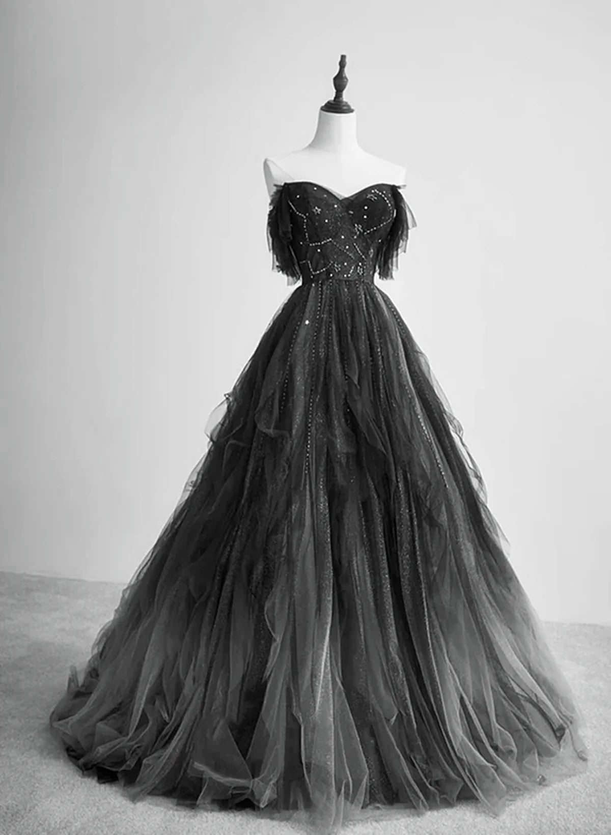 Black Tulle Off Shoulder Tulle Beaded Long Party Dress, Black Tulle Evening Dress Prom Dress TP1174