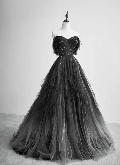 Black Tulle Off Shoulder Tulle Beaded Long Party Dress, Black Tulle Evening Dress Prom Dress TP1174