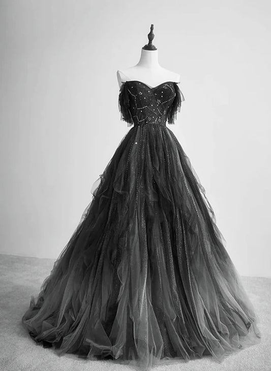 Black Tulle Off Shoulder Tulle Beaded Long Party Dress, Black Tulle Evening Dress Prom Dress TP1174