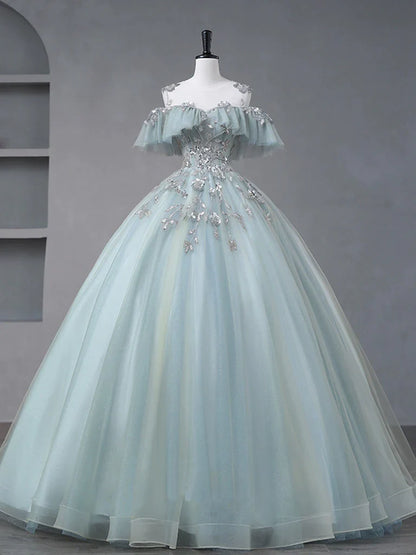 Glam Blue Tulle Sequins Lace Round Neckline Long Prom Dress, Blue Wedding Party Dress TP1175