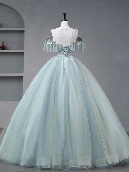 Glam Blue Tulle Sequins Lace Round Neckline Long Prom Dress, Blue Wedding Party Dress TP1175