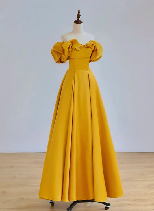 Lovely Yellow Satin A-line Off Shoulder Sweetheart Evening Dress, Yellow Floor Length Prom Dress TP1176