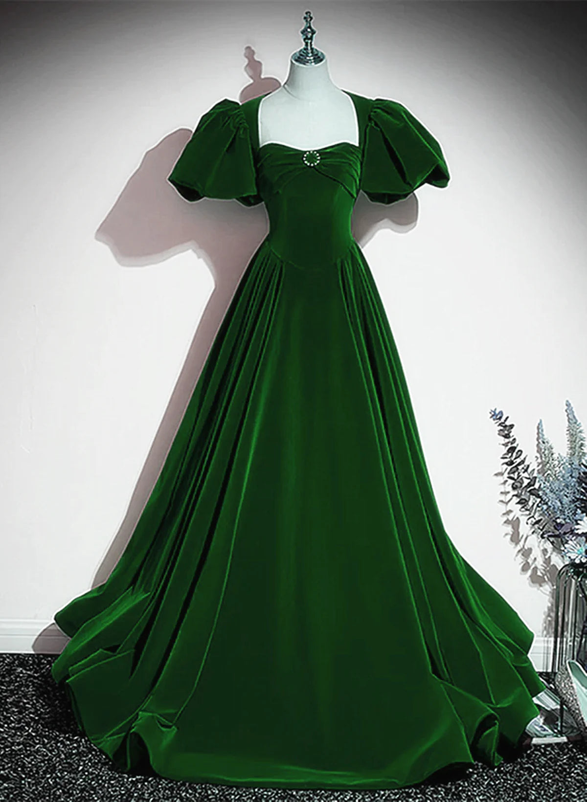 Green A-line Velvet Backless Long Party Dress, Green Short Sleeves Formal Dress Prom Dress TP1180