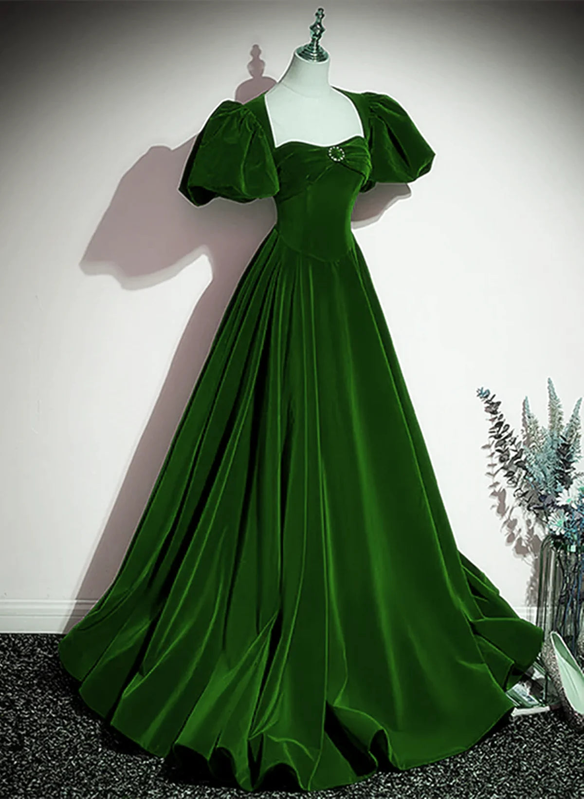 Green A-line Velvet Backless Long Party Dress, Green Short Sleeves Formal Dress Prom Dress TP1180