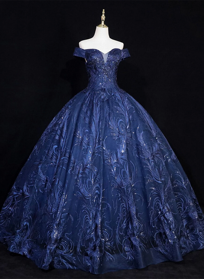 Lovely Navy Blue Floral Tulle Ball Gown Sweet 16 Dress,Navy Blue Off Shoulder Long Formal Dress TP1181